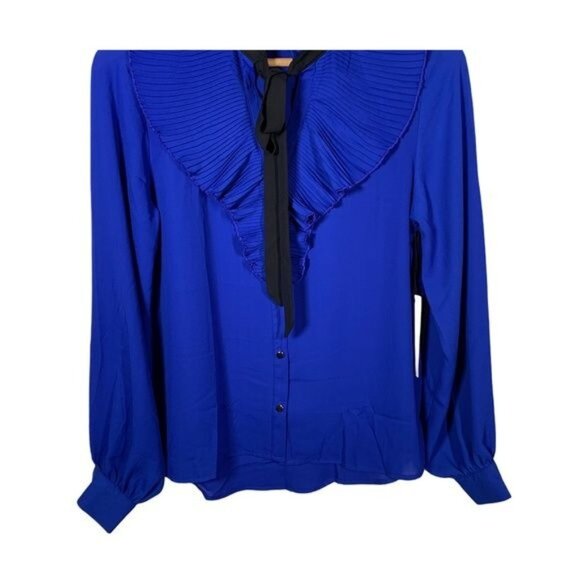 Haute Monde Blue Ruffle Long Sleeve Blouse Small Tie Neck - Picture 4 of 12